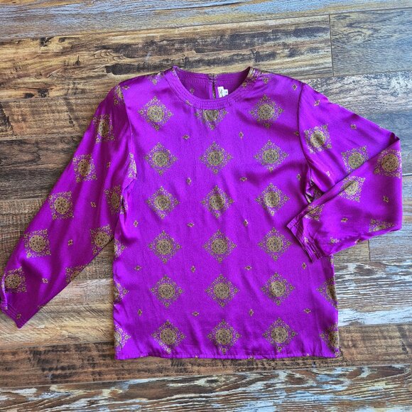 Vintage'90s Talbots 100% Silk Satin Purple Gold Damask Blouse Long Sleeve - Picture 4 of 10